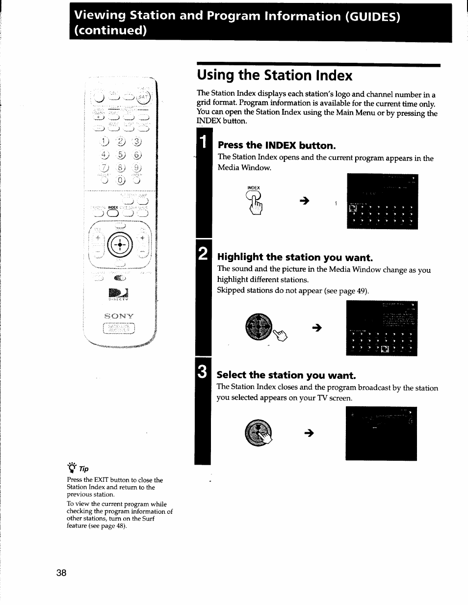 Using the station index, Press the index button, Highlight the station you want | Select the station you want | Sony SAT-A50 User Manual | Page 38 / 78