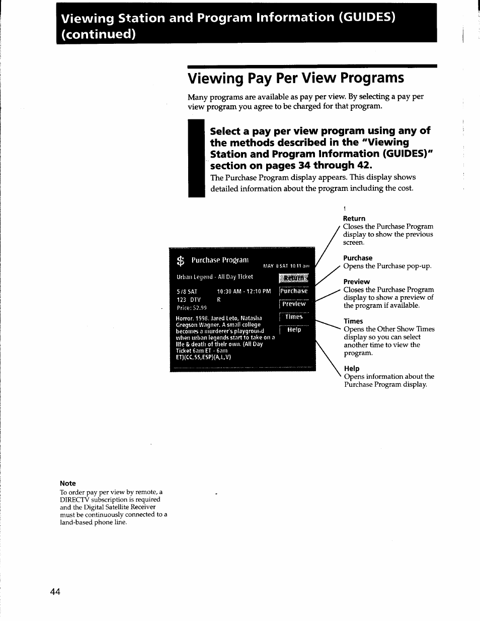 Viewing pay per view programs, Return, Purchase | Help, Note | Sony SAT-A50 User Manual | Page 44 / 78