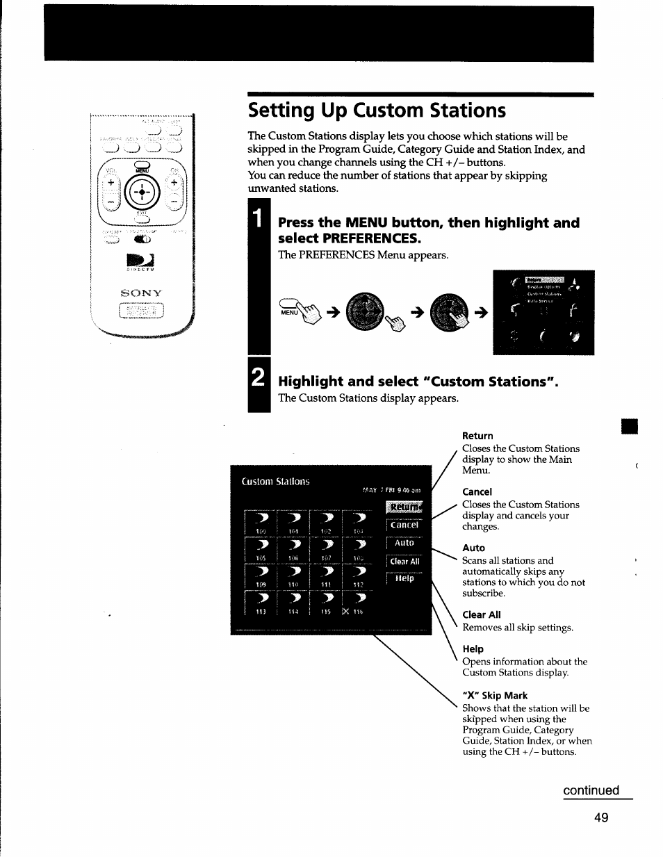 Setting up custom stations, Highlight and select "custom stations | Sony SAT-A50 User Manual | Page 49 / 78