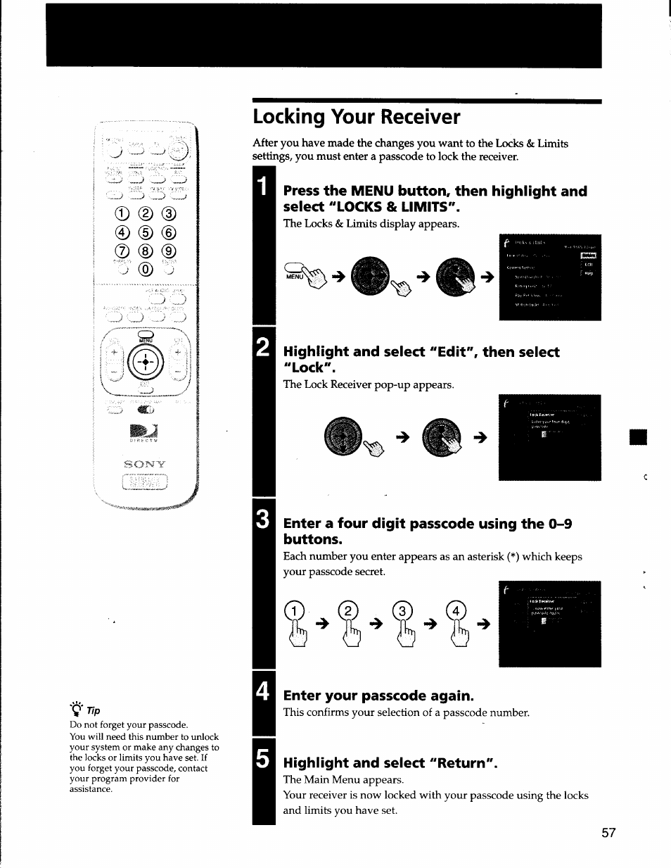 Locking your receiver, Highlight and select "edit", then select "lock, Enter a four digit passcode using the 0-9 buttons | Enter your passcode again, Highlight and select "return, 0 (d (d | Sony SAT-A50 User Manual | Page 57 / 78