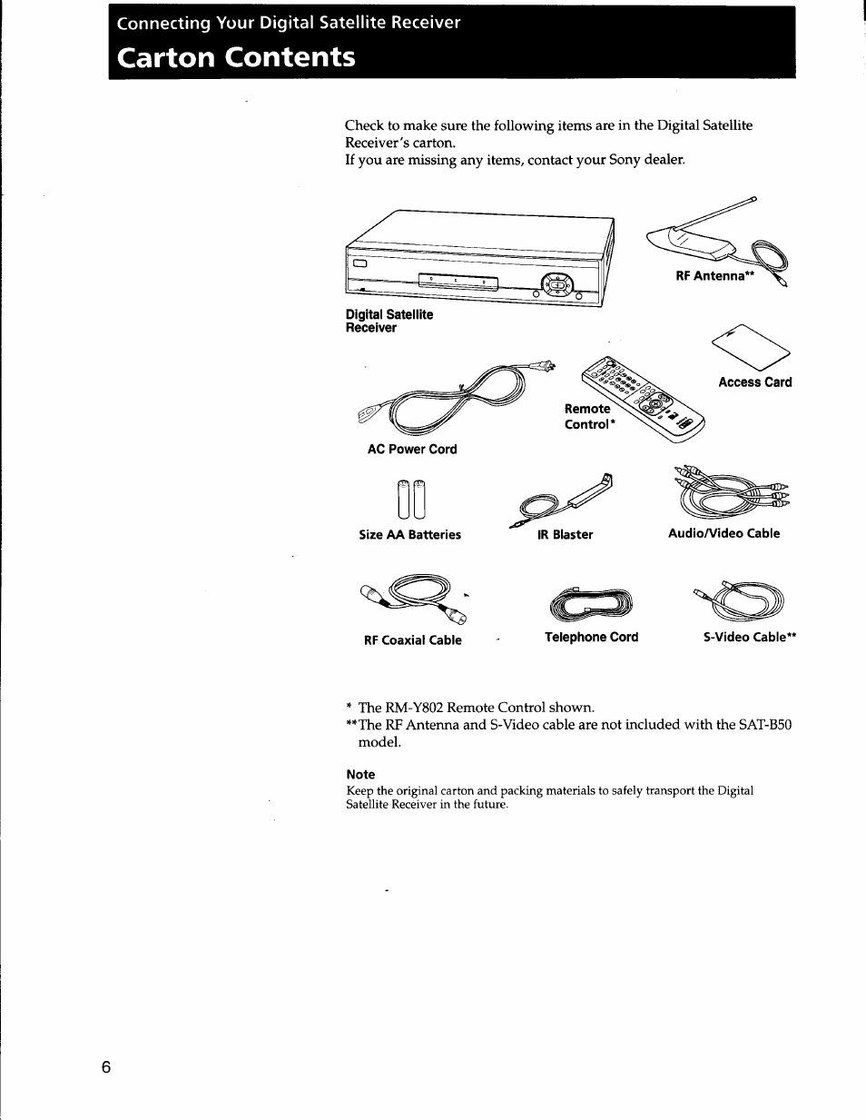 Connecting your digital satellite receiver, Carton contents, Size aa batteries | S-video cabie, Note | Sony SAT-A50 User Manual | Page 6 / 78