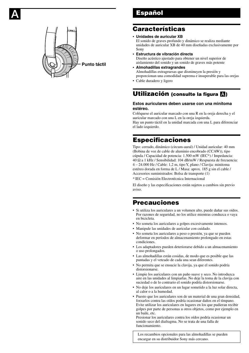 Español características, Utilización, Especificaciones | Precauciones | Sony MDR-XB500 User Manual | Page 2 / 2