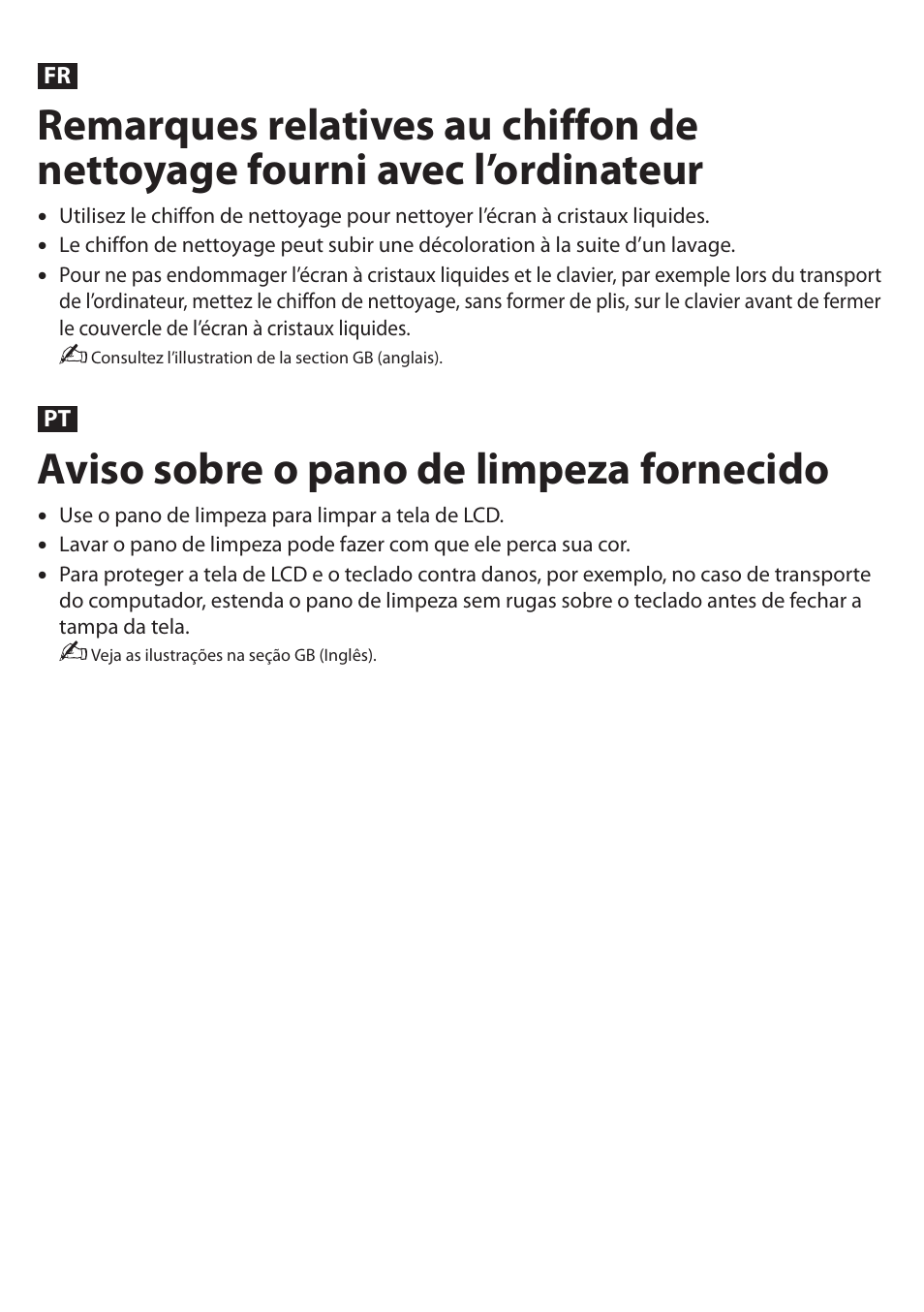 Aviso sobre o pano de limpeza fornecido | Sony SVS13A25PXB User Manual | Page 2 / 2