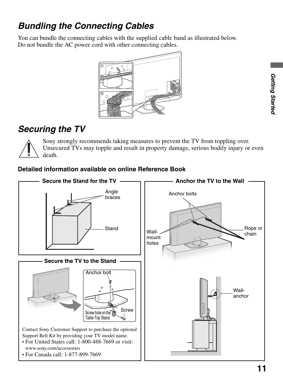 Bundling the connecting cables, Securing the tv, Bundling the connecting cables securing the tv | 11 bundling the connecting cables | Sony KDL-46S5100 User Manual | Page 11 / 24