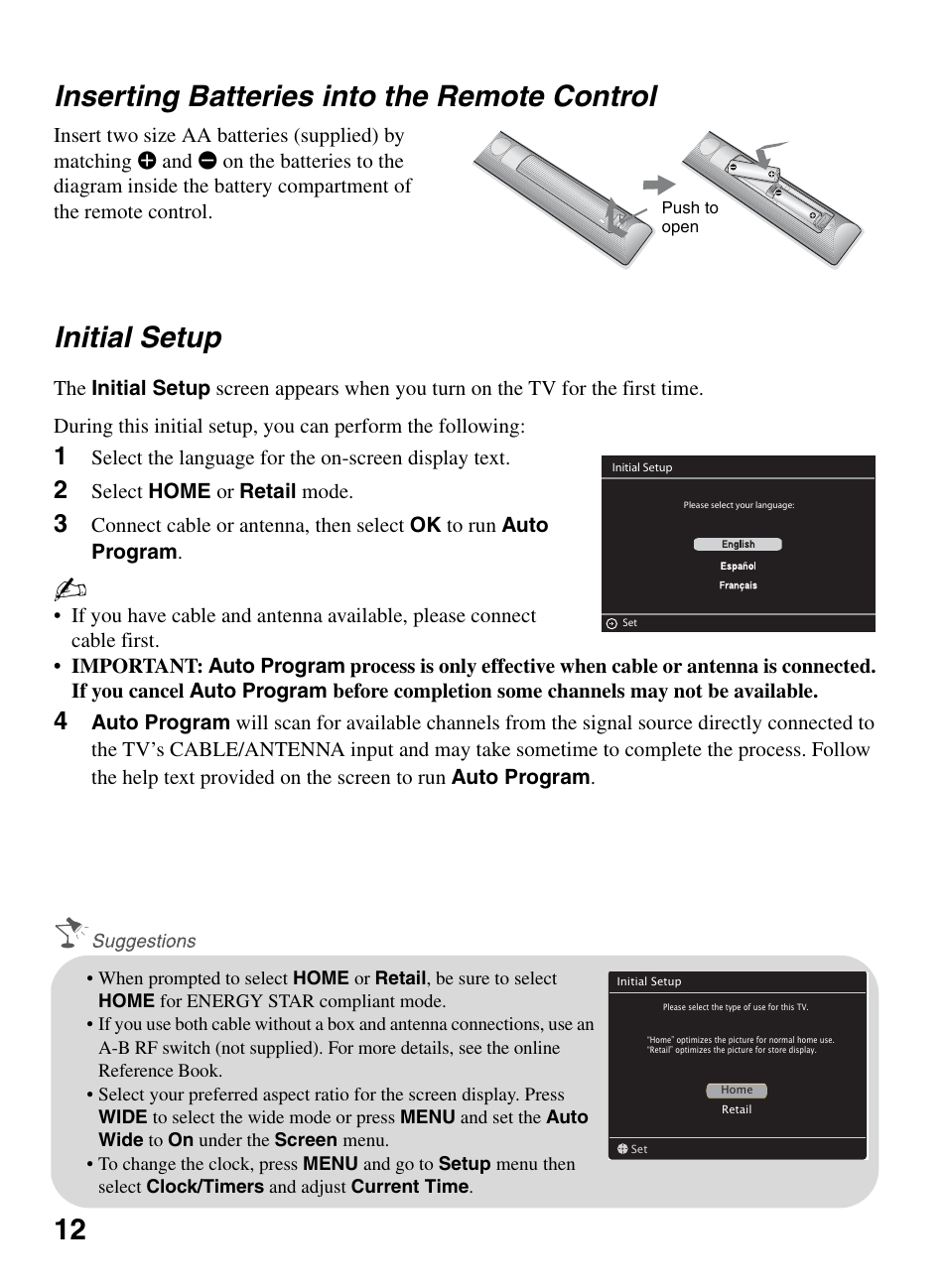 Inserting batteries into the remote control, Initial setup, Inserting batteries into the | Remote control, 12 inserting batteries into the remote control | Sony KDL-46S5100 User Manual | Page 12 / 24