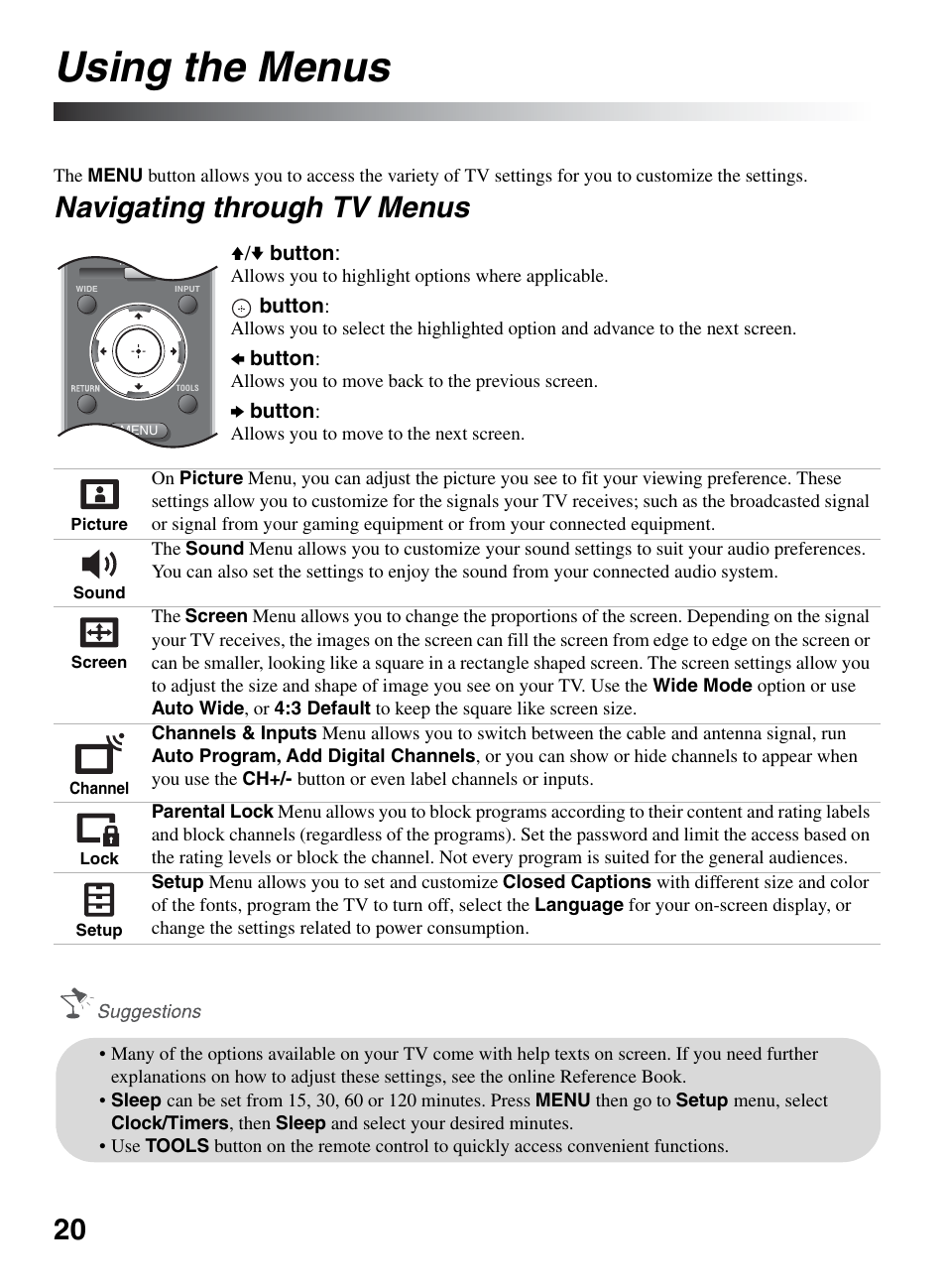 Using the menus, Navigating through tv menus, Ge 20 | Sony KDL-46S5100 User Manual | Page 20 / 24