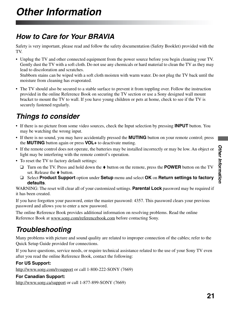Other information, How to care for your bravia, Things to consider | Troubleshooting | Sony KDL-46S5100 User Manual | Page 21 / 24