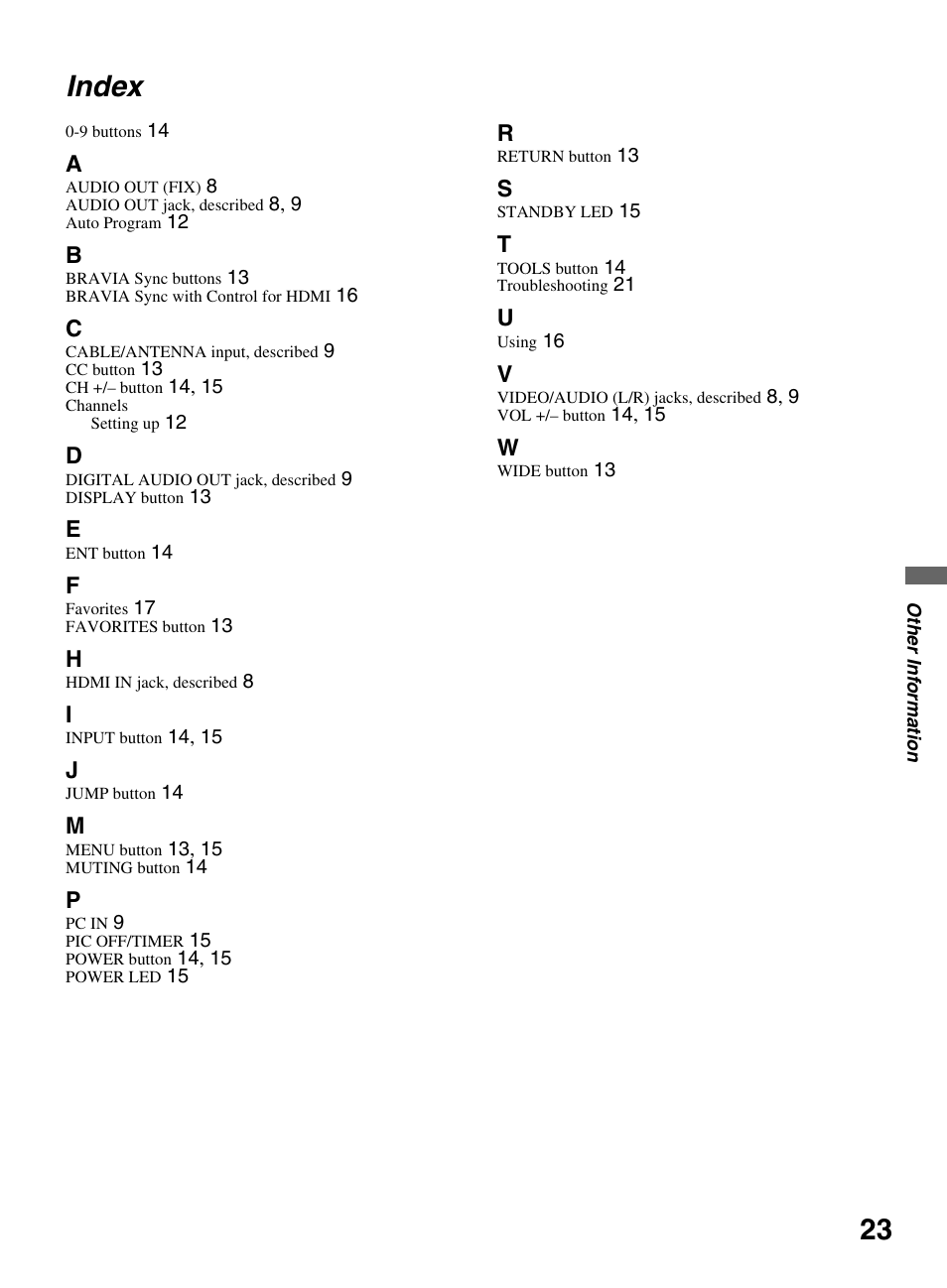 Index | Sony KDL-46S5100 User Manual | Page 23 / 24