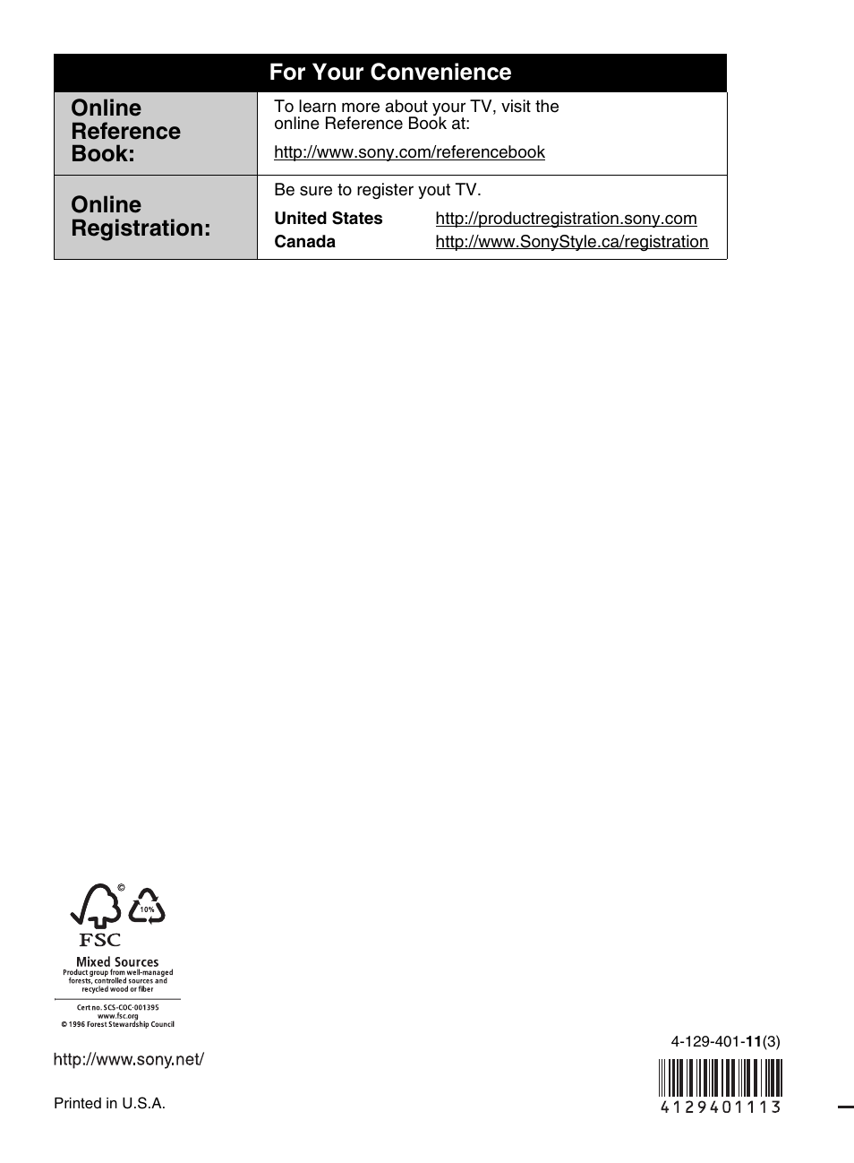 For your convenience online reference book, Online registration | Sony KDL-46S5100 User Manual | Page 24 / 24