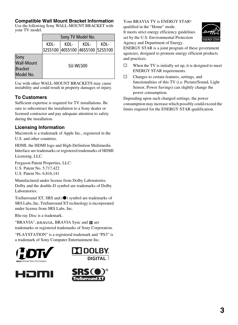 Sony KDL-46S5100 User Manual | Page 3 / 24