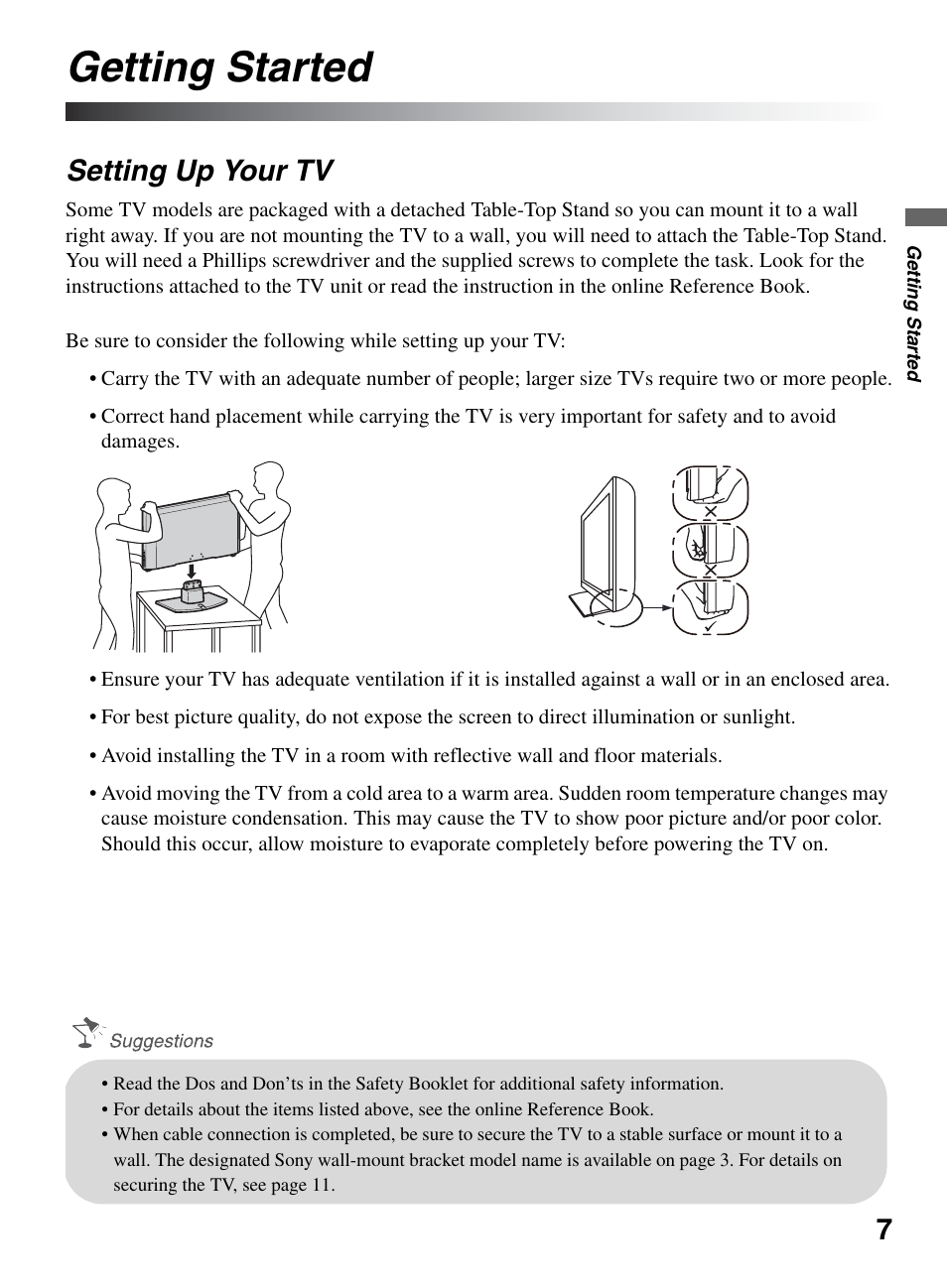 Getting started, Setting up your tv | Sony KDL-46S5100 User Manual | Page 7 / 24