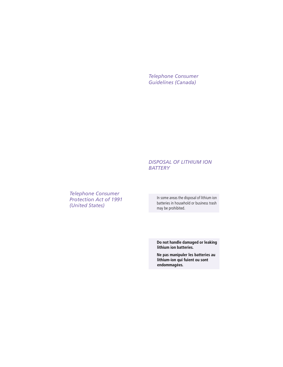 Telephone consumer guidelines (canada), Disposal of lithium ion battery | Sony PCG-F450 User Manual | Page 5 / 100