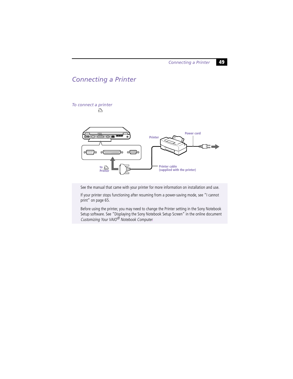 Connecting a printer, To connect a printer | Sony PCG-F450 User Manual | Page 59 / 100