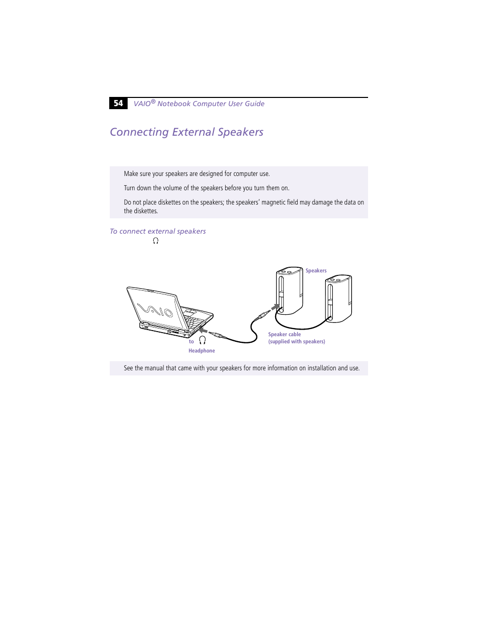 Connecting external speakers, To connect external speakers | Sony PCG-F450 User Manual | Page 64 / 100