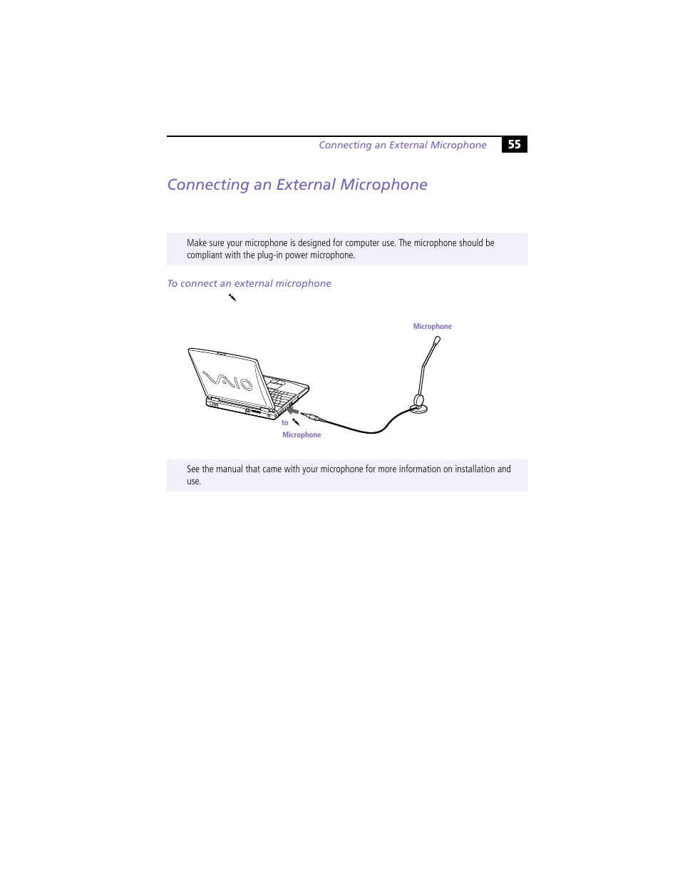 Connecting an external microphone, To connect an external microphone | Sony PCG-F450 User Manual | Page 65 / 100