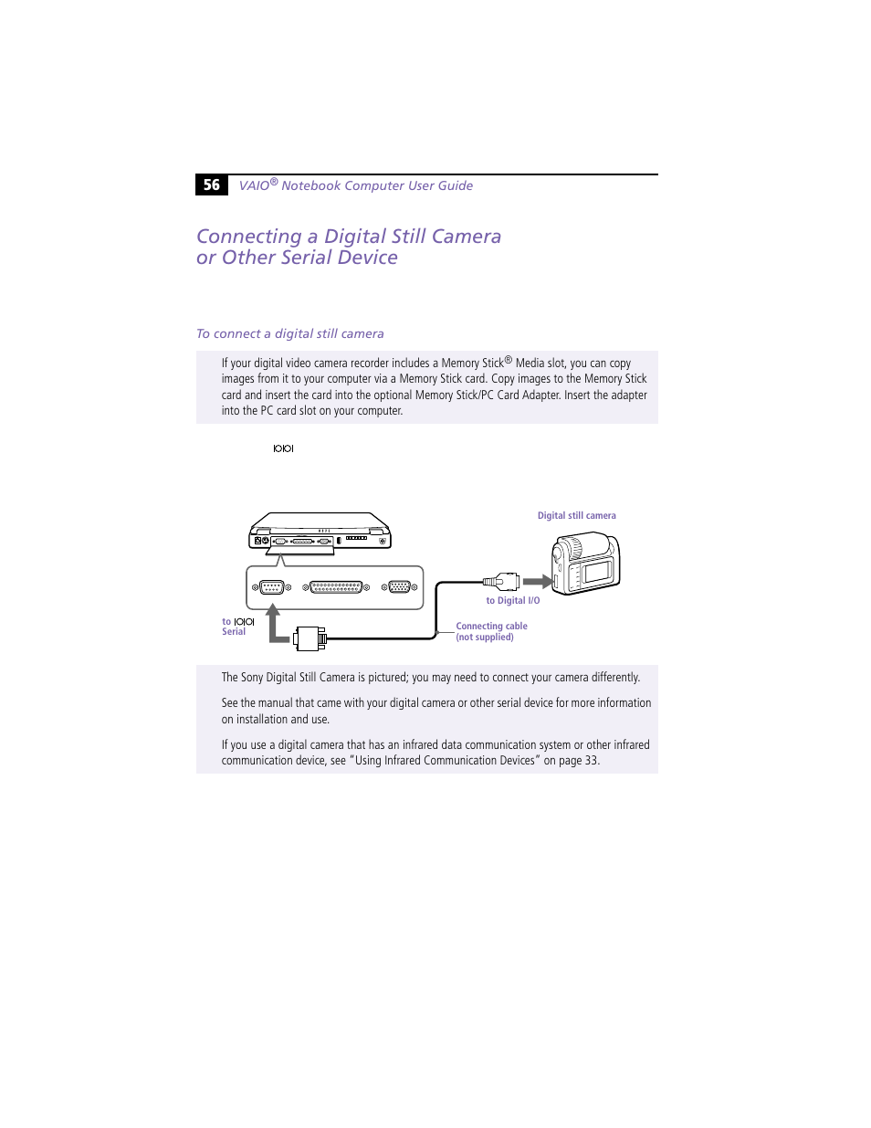 To connect a digital still camera | Sony PCG-F450 User Manual | Page 66 / 100