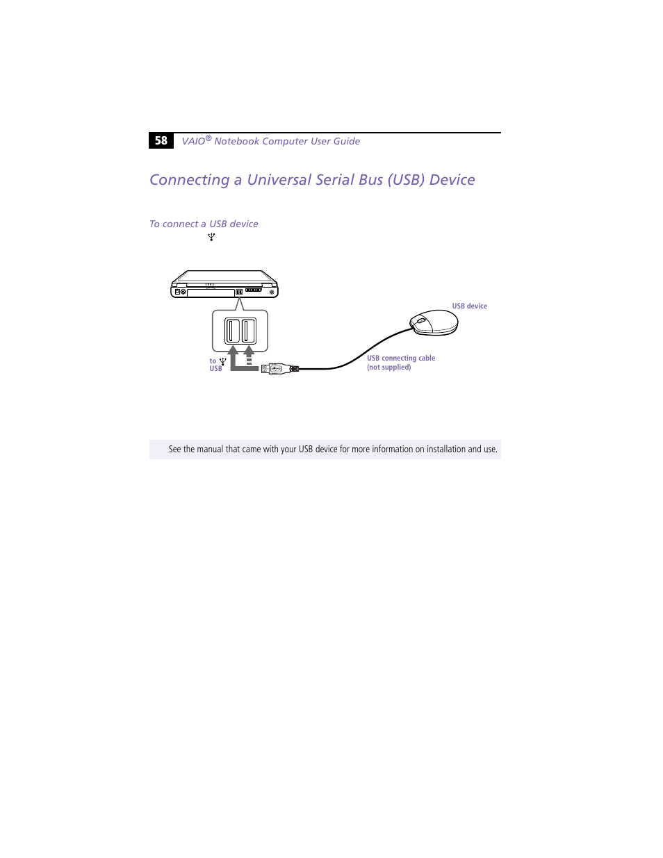 Connecting a universal serial bus (usb) device, To connect a usb device | Sony PCG-F450 User Manual | Page 68 / 100