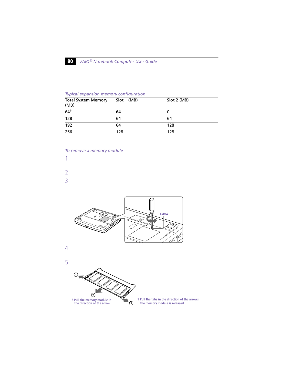 Typical expansion memory configuration, To remove a memory module | Sony PCG-F450 User Manual | Page 90 / 100