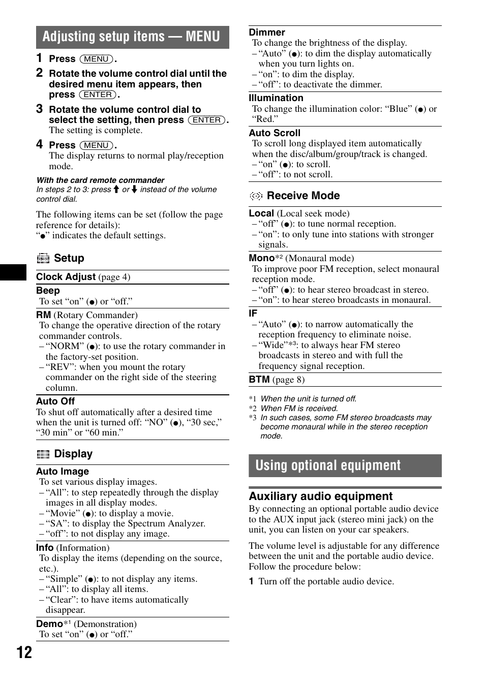 Adjusting setup items - menu, Using optional equipment, Auxiliary audio equipment | Adjusting setup items — menu | Sony CDX-GT81UW User Manual | Page 12 / 48