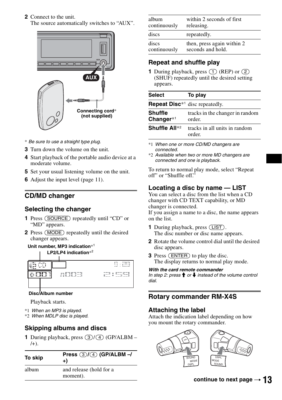 Cd/md changer, Rotary commander rm-x4s, Cd/md changer rotary commander rm-x4s | Selecting the changer, Skipping albums and discs, Repeat and shuffle play, Locating a disc by name — list, Attaching the label | Sony CDX-GT81UW User Manual | Page 13 / 48