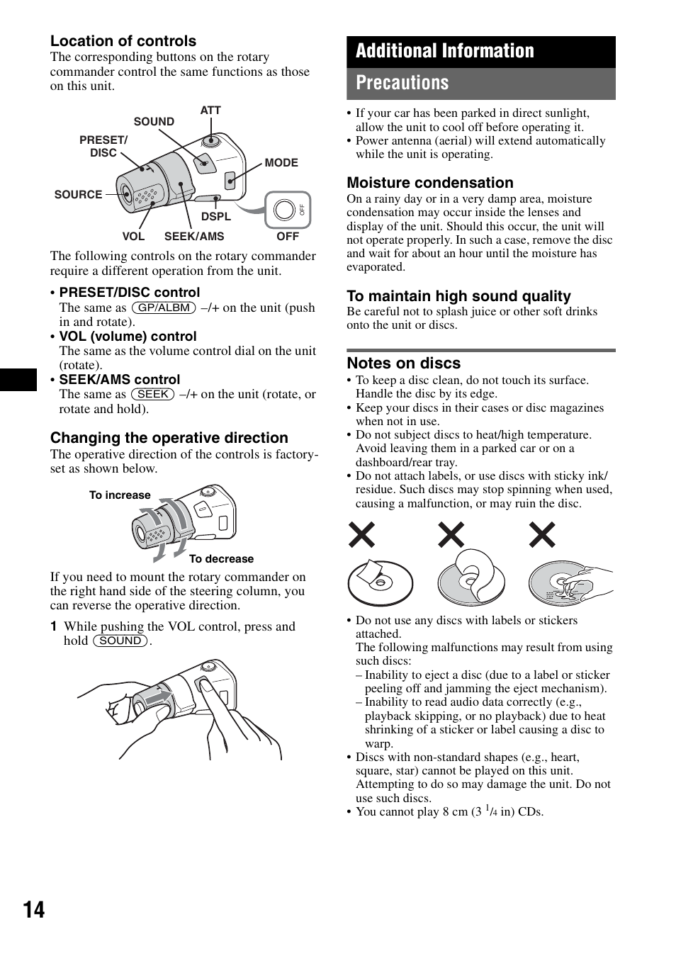 Additional information, Precautions, Notes on discs | Additional information precautions | Sony CDX-GT81UW User Manual | Page 14 / 48