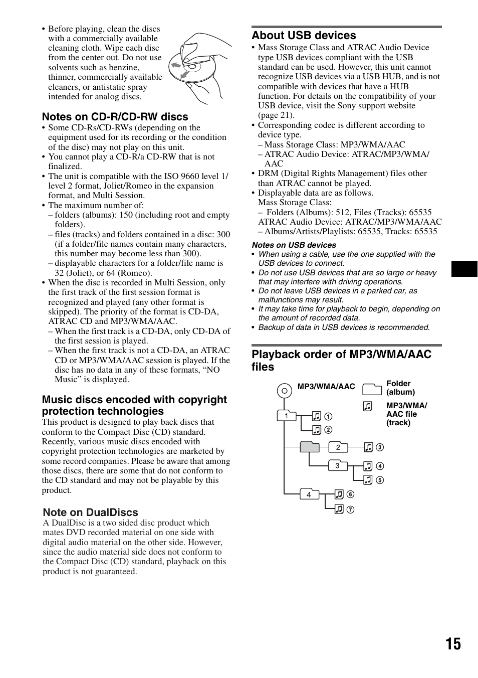 About usb devices, Playback order of mp3/wma/aac files | Sony CDX-GT81UW User Manual | Page 15 / 48