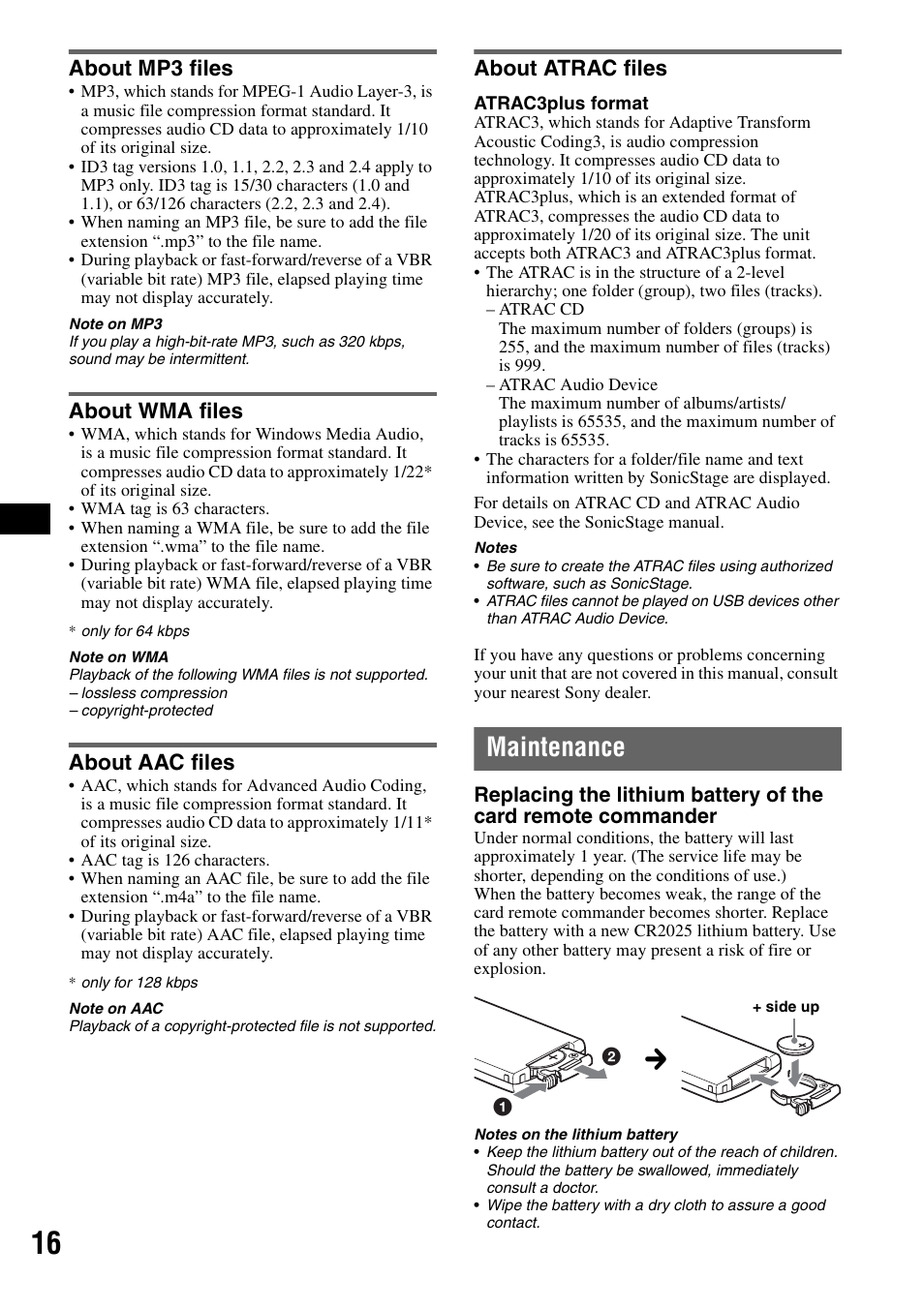 About mp3 files, About wma files, About aac files | About atrac files, Maintenance | Sony CDX-GT81UW User Manual | Page 16 / 48