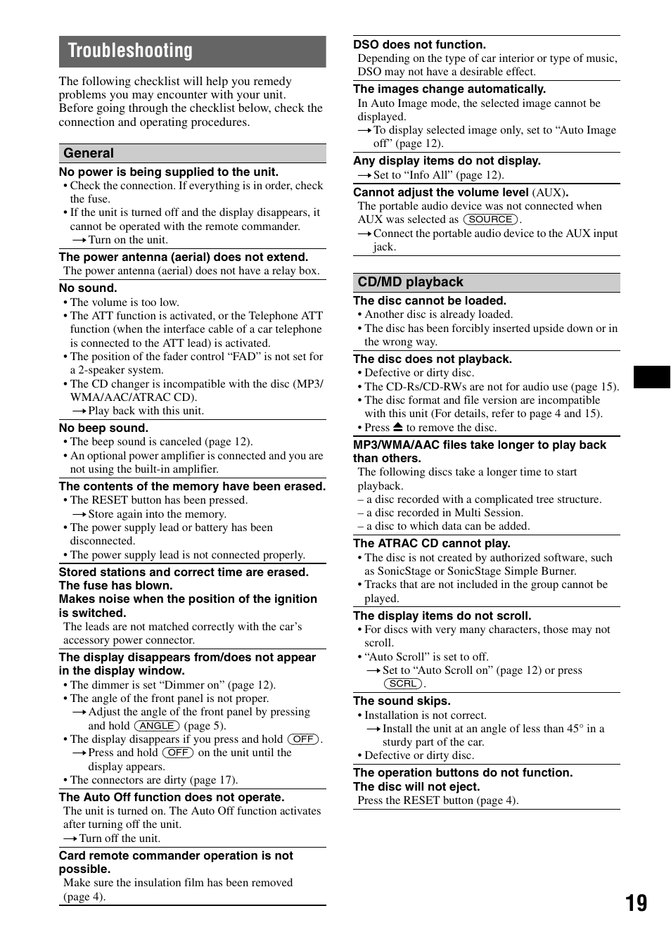 Troubleshooting | Sony CDX-GT81UW User Manual | Page 19 / 48