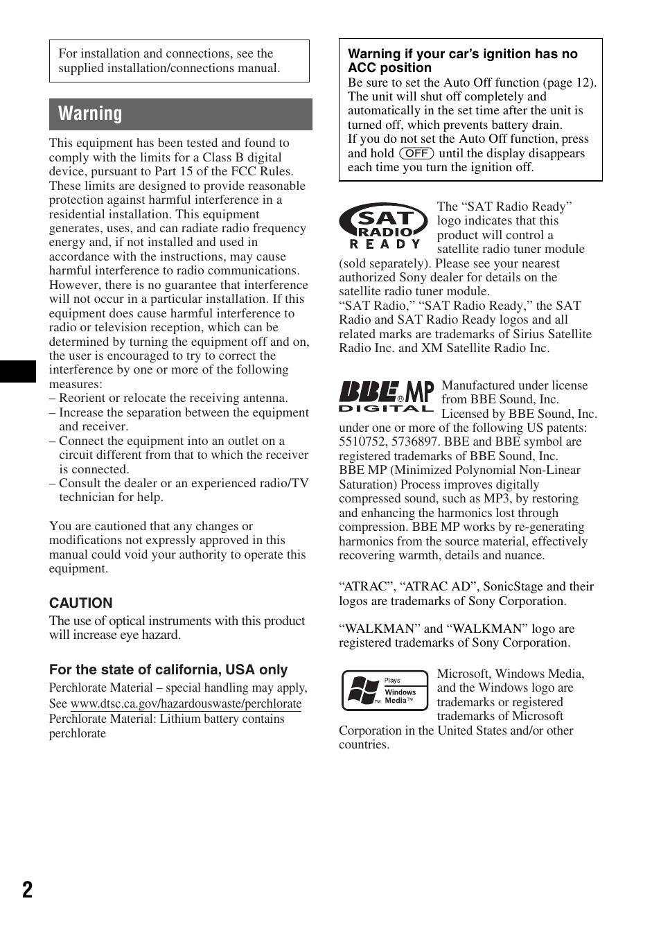 Warning | Sony CDX-GT81UW User Manual | Page 2 / 48
