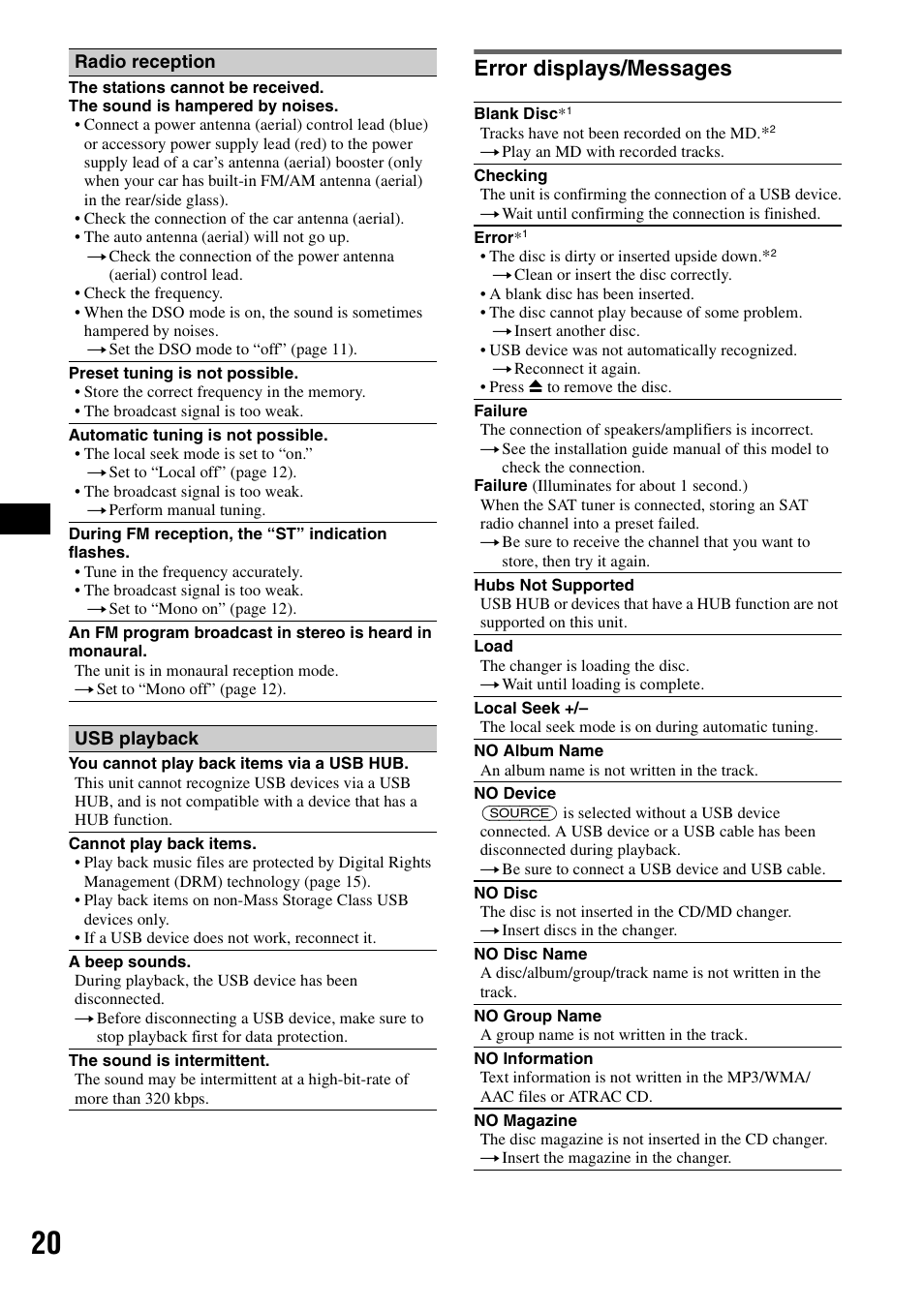 Error displays/messages | Sony CDX-GT81UW User Manual | Page 20 / 48