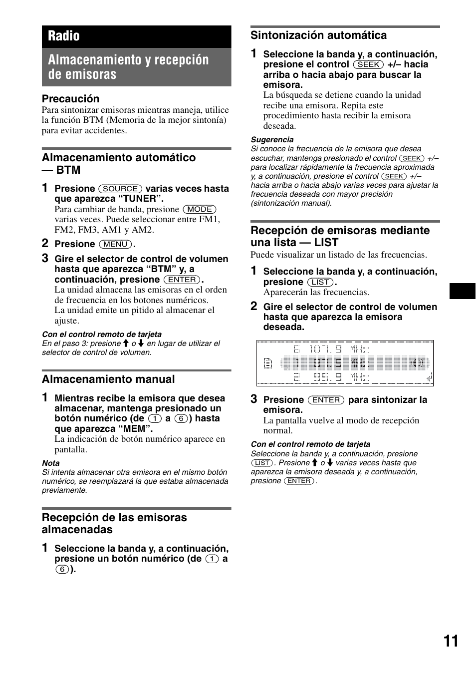 Radio, Almacenamiento y recepción de emisoras, Almacenamiento automático - btm | Almacenamiento manual, Recepción de las emisoras almacenadas, Sintonización automática, Recepción de emisoras mediante una lista - list, Radio almacenamiento y recepción de emisoras | Sony CDX-GT81UW User Manual | Page 31 / 48