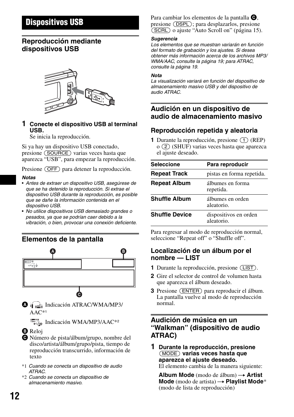 Dispositivos usb, Reproducción mediante dispositivos usb, Elementos de la pantalla | Sony CDX-GT81UW User Manual | Page 32 / 48