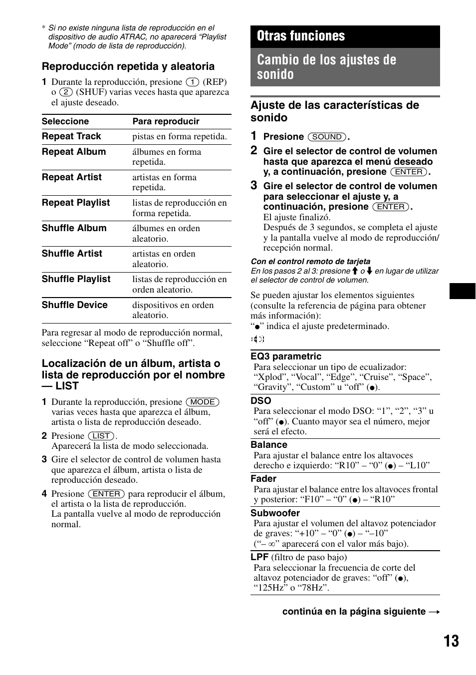 Otras funciones, Cambio de los ajustes de sonido, Ajuste de las características de sonido | Otras funciones cambio de los ajustes de sonido | Sony CDX-GT81UW User Manual | Page 33 / 48