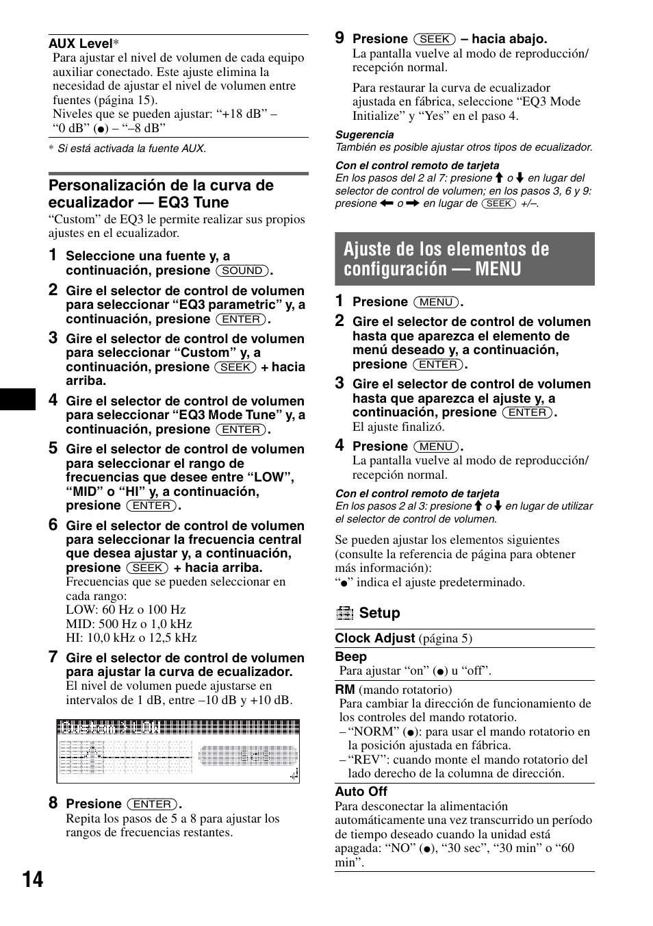 Ajuste de los elementos de configuración - menu, Ajuste de los elementos de configuración — menu | Sony CDX-GT81UW User Manual | Page 34 / 48