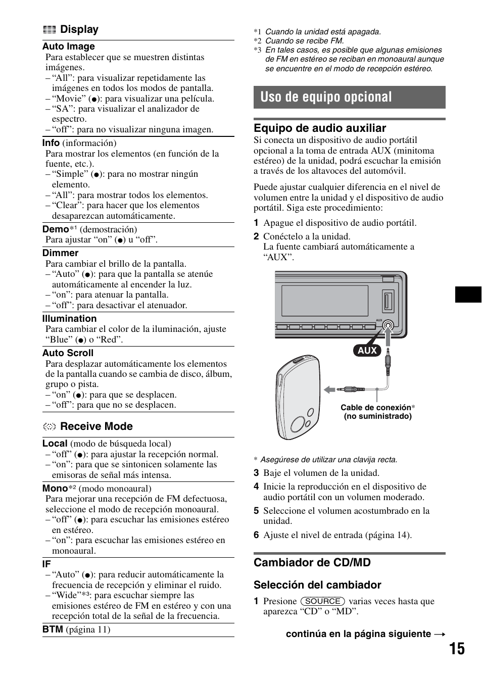 Uso de equipo opcional, Equipo de audio auxiliar, Cambiador de cd/md | Equipo de audio auxiliar cambiador de cd/md | Sony CDX-GT81UW User Manual | Page 35 / 48