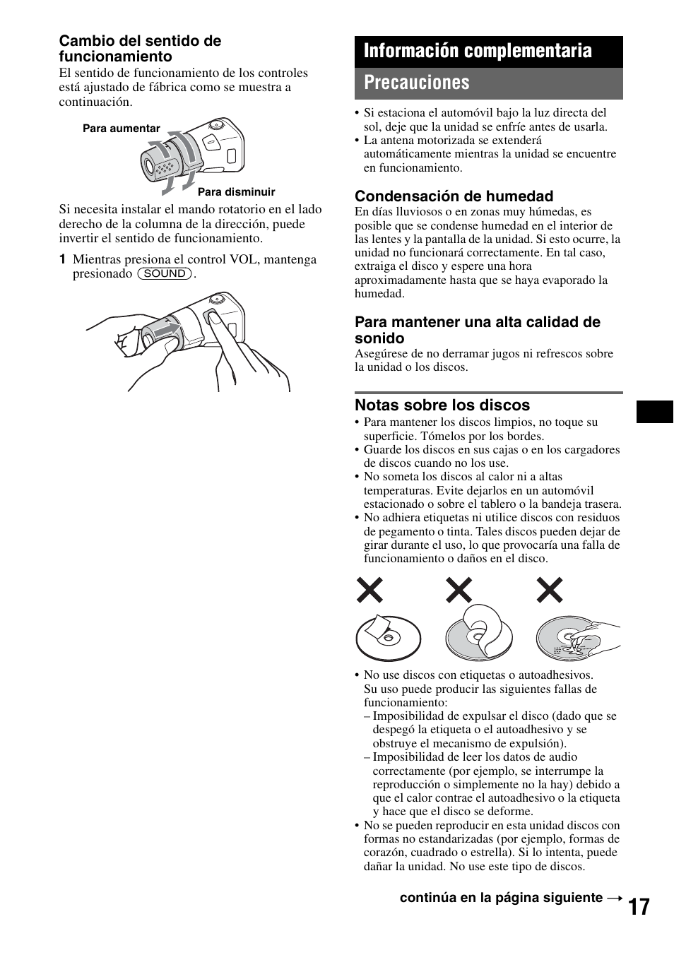 Información complementaria, Precauciones, Notas sobre los discos | Información complementaria precauciones | Sony CDX-GT81UW User Manual | Page 37 / 48