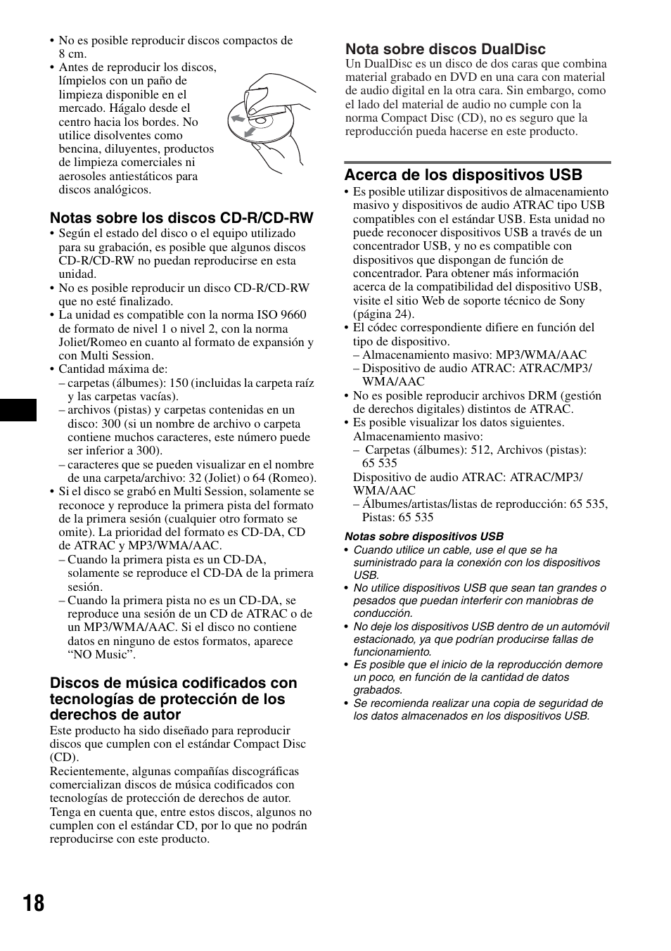 Acerca de los dispositivos usb, Notas sobre los discos cd-r/cd-rw, Nota sobre discos dualdisc | Sony CDX-GT81UW User Manual | Page 38 / 48