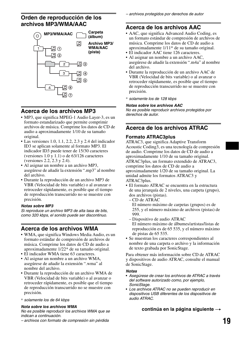 Orden de reproducción de los archivos mp3/wma/aac, Acerca de los archivos mp3, Acerca de los archivos wma | Acerca de los archivos aac, Acerca de los archivos atrac | Sony CDX-GT81UW User Manual | Page 39 / 48