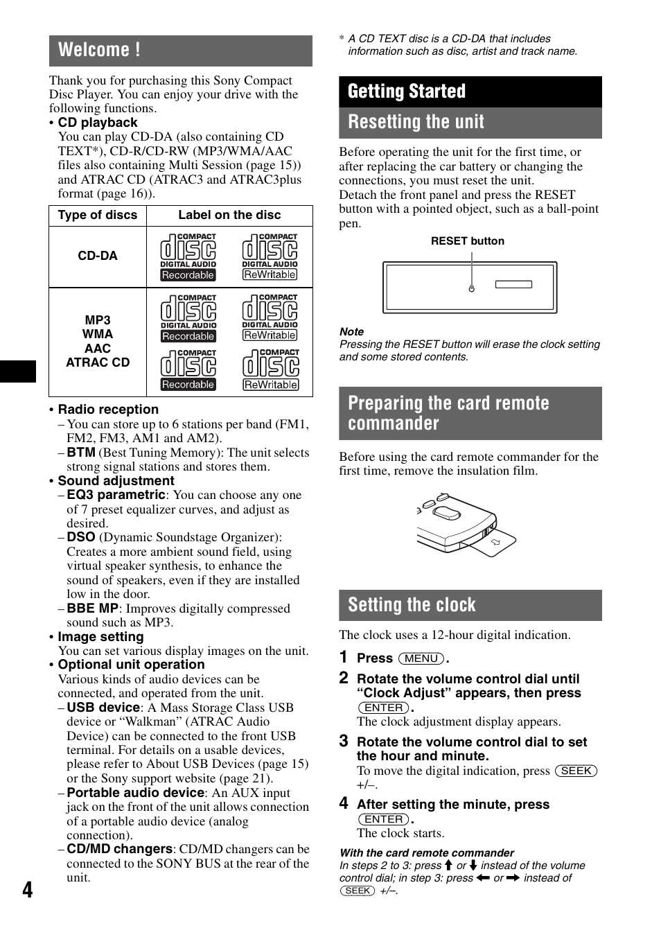 Welcome, Getting started, Resetting the unit | Preparing the card remote commander, Setting the clock, Getting started resetting the unit | Sony CDX-GT81UW User Manual | Page 4 / 48