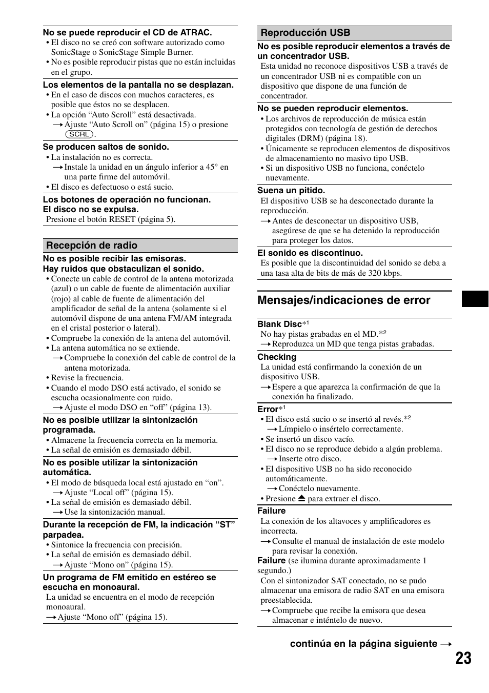 Mensajes/indicaciones de error | Sony CDX-GT81UW User Manual | Page 43 / 48