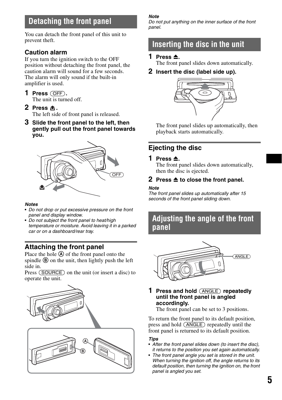 Detaching the front panel, Attaching the front panel, Inserting the disc in the unit | Ejecting the disc, Adjusting the angle of the front panel | Sony CDX-GT81UW User Manual | Page 5 / 48