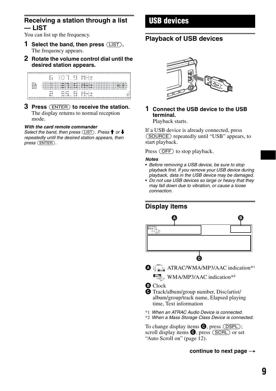 Receiving a station through a list - list, Usb devices, Playback of usb devices | Display items, Receiving a station through a list — list, Playback of usb devices display items | Sony CDX-GT81UW User Manual | Page 9 / 48