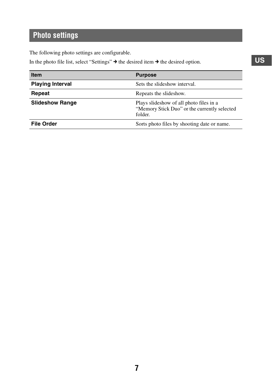 Photo settings | Sony NV-U83T User Manual | Page 7 / 21