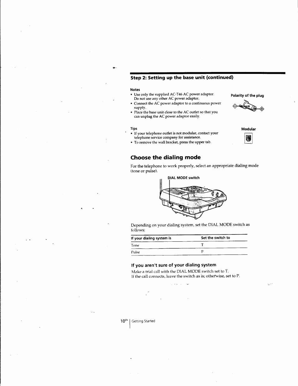 Choose the dialing mode, If you aren't sure of your dialing system, Step 2: setting up the base unit (continued) | Sony SPP-A957 User Manual | Page 10 / 79