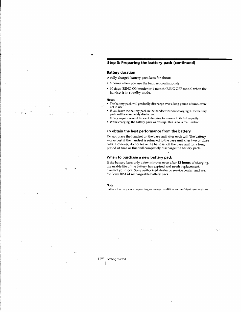 Battery duration, To obtain the best performance from the battery, When to purchase a new battery pack | Sony SPP-A957 User Manual | Page 12 / 79