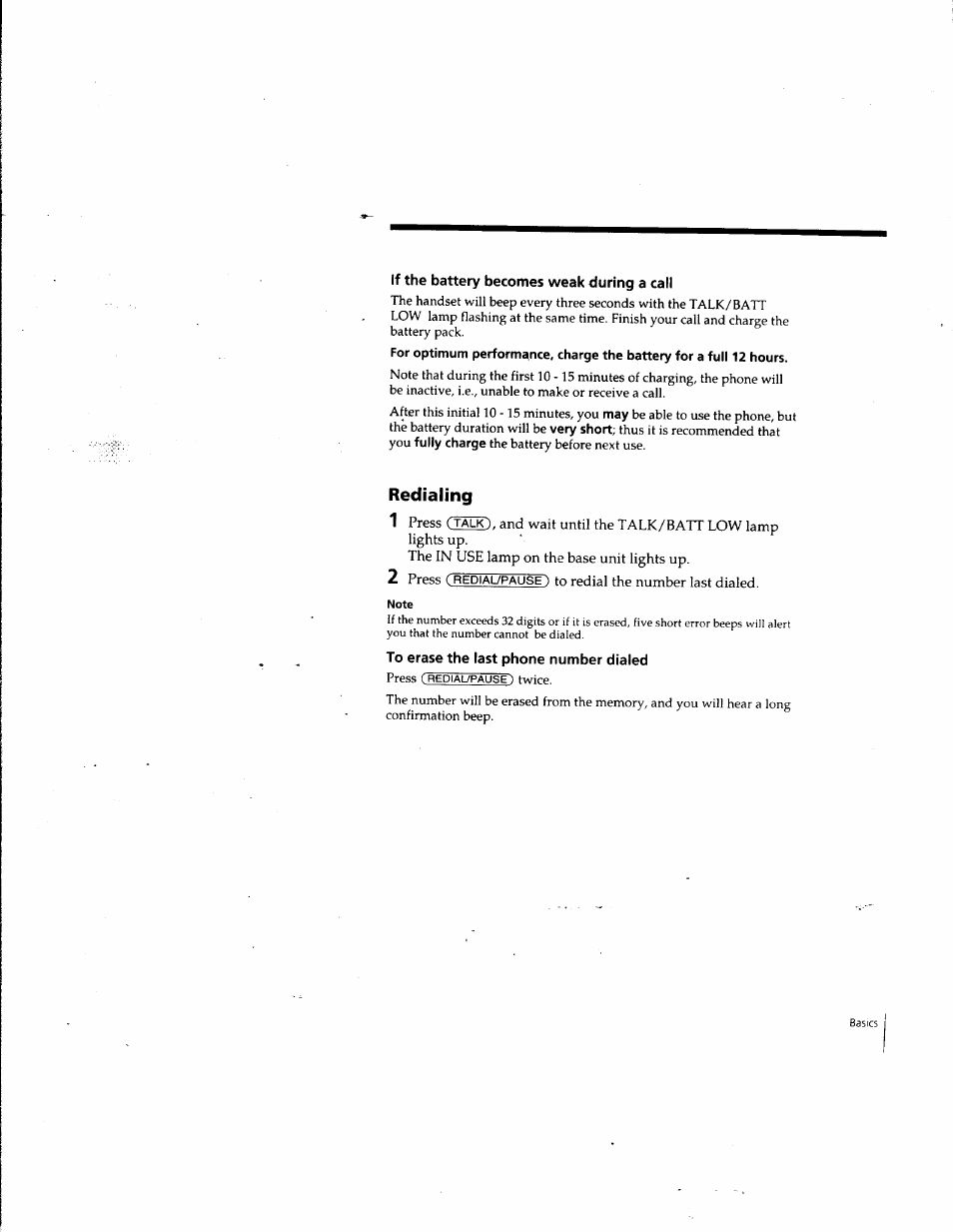 If the battery becomes weak during a call, Redialing, To erase the last phone number dialed | Sony SPP-A957 User Manual | Page 17 / 79