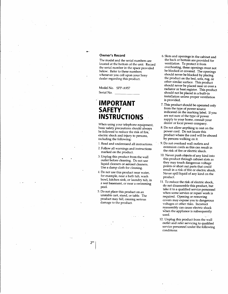 Owner's record, Important safety instructions | Sony SPP-A957 User Manual | Page 2 / 79