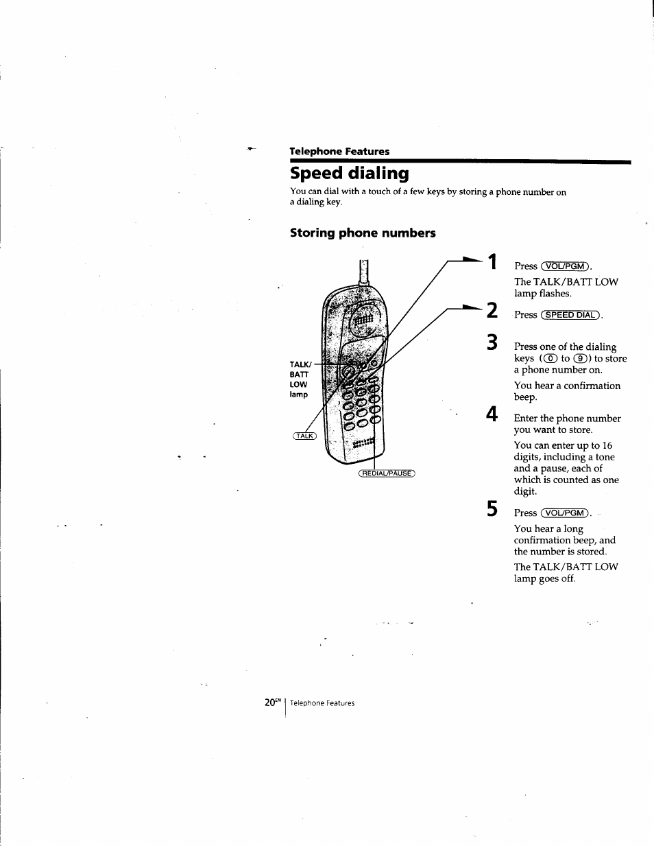 Speed dialing, Storing phone numbers | Sony SPP-A957 User Manual | Page 20 / 79