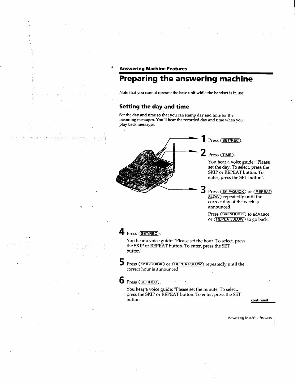 Preparing the answering machine, Setting the day and time | Sony SPP-A957 User Manual | Page 23 / 79