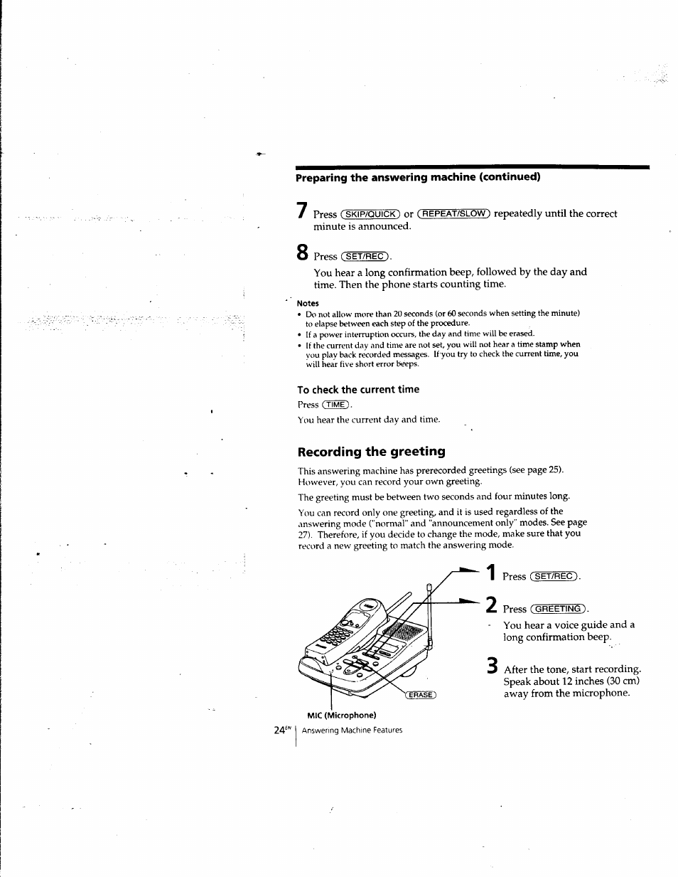 To check the current time, Recording the greeting | Sony SPP-A957 User Manual | Page 24 / 79